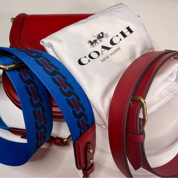 Coach Red Leather Saddle Crossbody with Gold Ring Detail - Picture 8 of 14